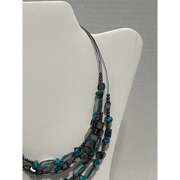 Layered Beaded Gemstone‎ Statement Necklace Turquoise Color Beads Blue Gunmetal - Picture 10 of 11